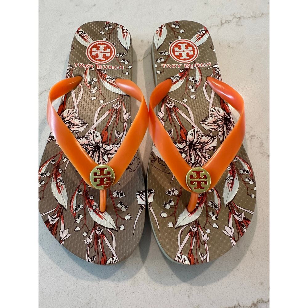 Tory Burch Printed Flip Flop Sandals Orange Floral Gold Logo Size 10 Resort Pool